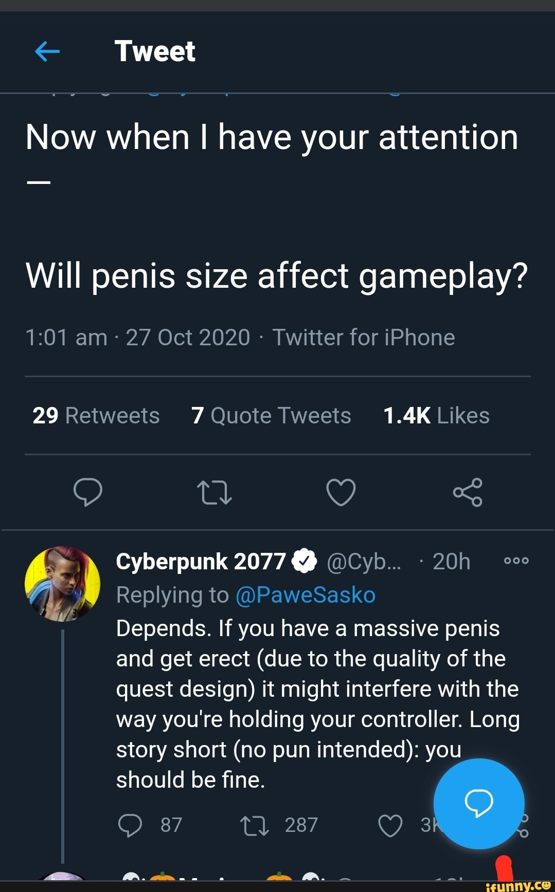 Tweet Now when I have your attention Will penis size affect gameplay? am 27  Oct 2020 -