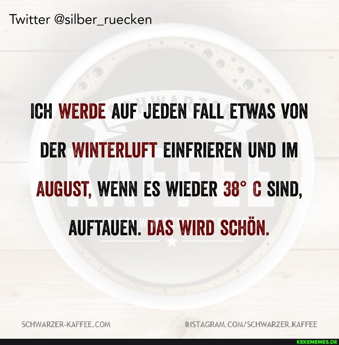 Twitter @silber_ruecken
ICH WERDE AUF JEDEN FALL ETWAS VON DER WINTERLUFT EINFRIEREN UND IM AUGUST, WENN ES WIEDER SIND,
AUFTAUEN. DAS WIRD SCHÖN.
KAFFEE