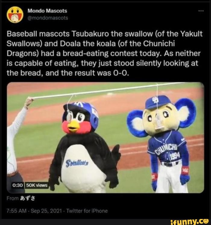 Mondo Mascots on X: The Yakult Swallows' mascot, a swallow named  Tsubakuro, has declared himself a free agent. He has since been offered  work as mascot for Tsubame City, the Tochigi Prefectural