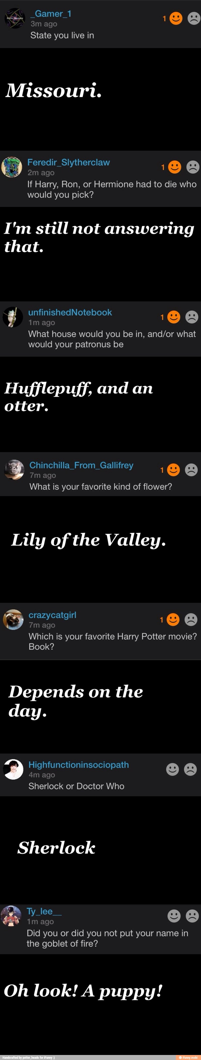 State you live in
Missouri.
ago
I'm still not answering
that.
What house would you be in, and/or what
would your patronus be
Hufflepuff, and an