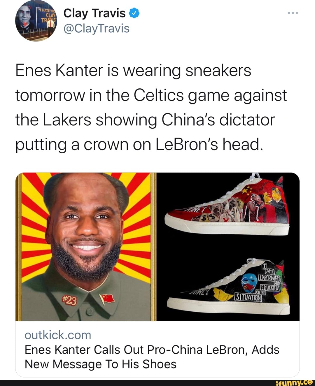 China cancelled airing a game between the Knicks and Celtics because of  these shoes. Gotta love Kanter! : r/ADVChina