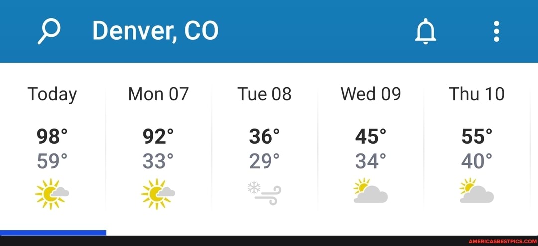 Denver, CO
Today Mon 07 Tue 08 Wed 09 Thu 10