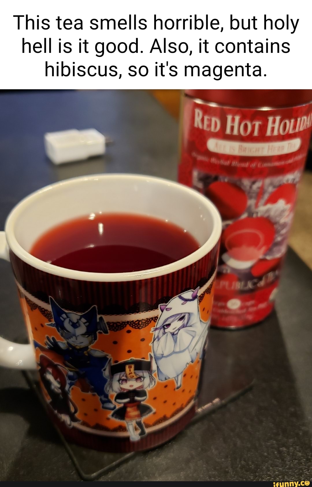 This tea smells horrible, but holy hell is it good. Also, it contains ...
