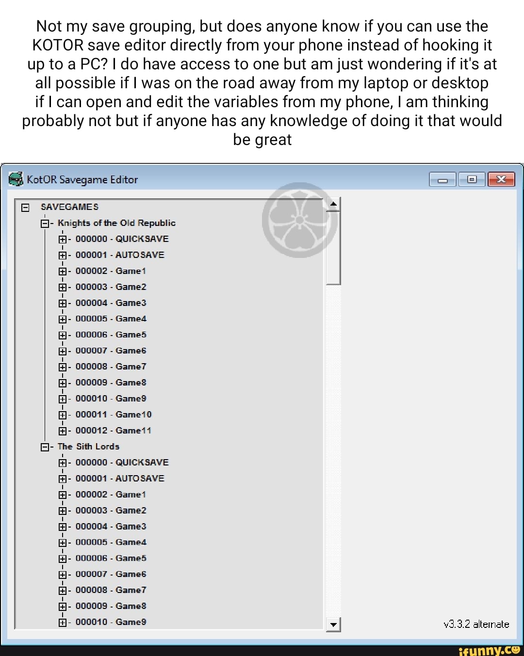 Not my save grouping, but does anyone know if you can use the KOTOR