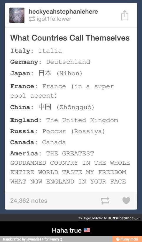 What Countries Call Themselves
Italy: Italia
Germany: Deutschland
Japan: AA (Nihon)
cool
China:
England: The
Russia: Po
COUNTRY IN THE WHOLE
ENTIRE WORLD TASTE MY FREEDOM
WHAT NOW ENGLAND IN YOUR FACE
Haha true = - Haha true πΊπΈ