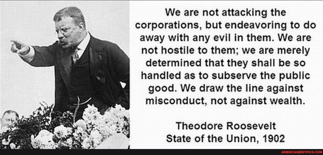 We are not attacking the corporations, but endeavoring to do away with any evil in them. We are not hostile to them; we are merely determined that they shall be so handled as to subserve the public good. We draw the line against misconduct, not against wealth.
Theodore Roosevelt
State of the Union, 1902