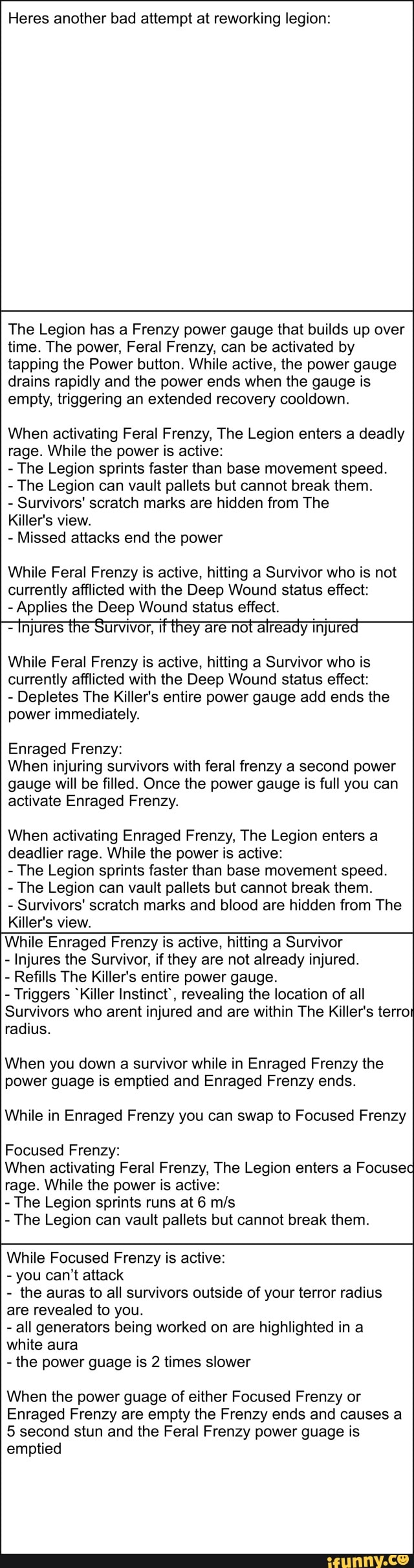 Heres another bad attempt at reworking legion:
The Legion has a Frenzy power gauge that builds up over
time. The power, Feral Frenzy, can be activated by
tapping the Power button. While active, the power gauge
drains rapidly and the power ends when the gauge is
empty, triggering an extended recovery cooldown.
When activating Feral Frenzy, The Legion enters a deadly
rage. While the power is active:
The Legion sprints faster than base movement speed.
The Legion can vault pallets but cannot break them.
Survivors' scratch marks are hidden from The
Killer's view.
Missed attacks end the power
While Feral Frenzy is active, hitting a Survivor who is not
currently afflicted with the Deep Wound status effect:
Applies the Deep Wound status effect.
tnjures the Survivor, if they are not already injured
While Feral Frenzy is active, hitting a Survivor who is
currently afflicted with the Deep Wound status effect:
Depletes The Killer's entire power gauge add ends the
power immediately.
Enraged Frenzy:
When injuring survivors with feral frenzy a second power
gauge will be filled. Once the power gauge is full you can
activate Enraged Frenzy.