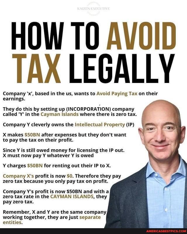 HOW AVOID TAX LEGALLY
Company based in the us, wants ta Avoid Paying Tax on their
Company earnings.
They do this by setting up (INCORPORATION) company called 'Y' in the Cayman Islands where there is zero tax.
Company Y cleverty owns the Intellectual Property (IP)
X makes $50BN after expenses but they don't want to pay the tax on their profit.
Since is stilt owed money for licensing the IP out.
X must now pay whatever is owed
charges SSOBN for renting out their IP to X.
Company X's profit is now $0. Therefore they pay zero tax because you only pay tax on profit.
Company Y's profit is now SSOBN and with zero tax rate In the CAYMAN ISLANDS, they pay zero tax.
Remember, X and are the same company; working together, they are just separate