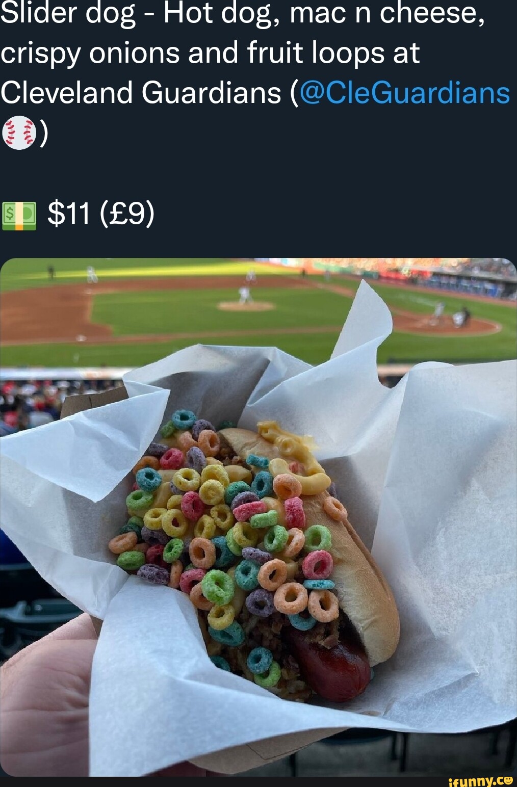 Slider dog Hot dog, mac n cheese, crispy onions and fruit loops at
