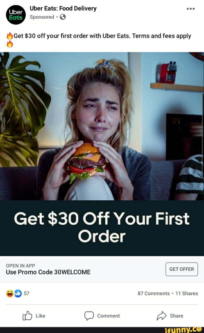 Eots Uber Eats: Food Delivery Sponsored @ Get $30 off your first 