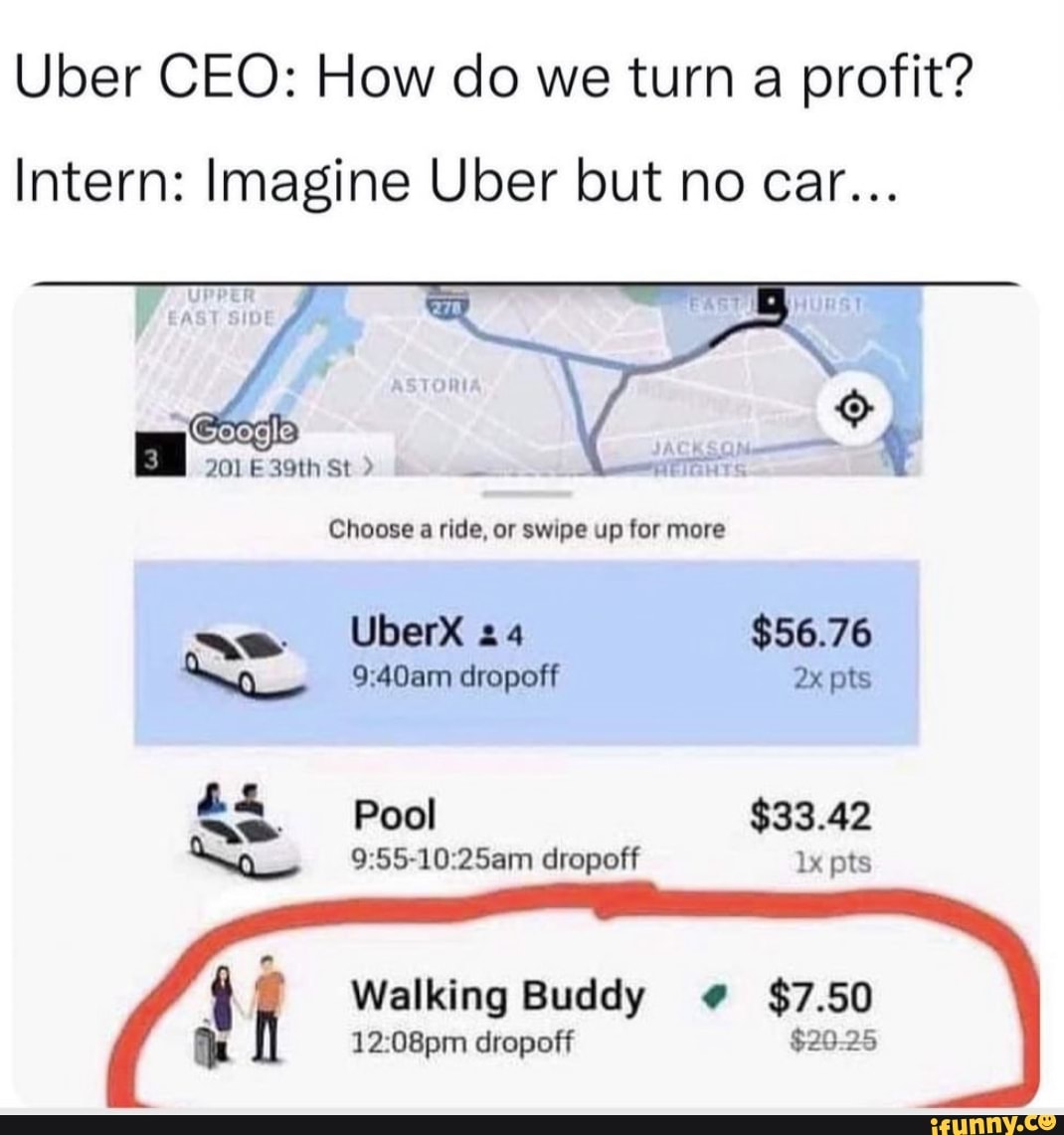 Uber CEO How do we turn a profit? Intern Imagine Uber but no car
