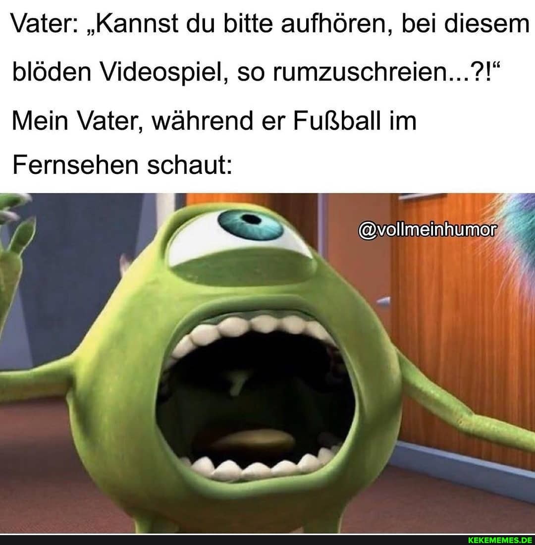 Vater: "Kannst du bitte aufhören, bei diesem
blöden Videospiel, so rumzuschreien...?!"
Mein Vater, während er Fußball im
Fernsehen schaut:
@vollmeinhumor