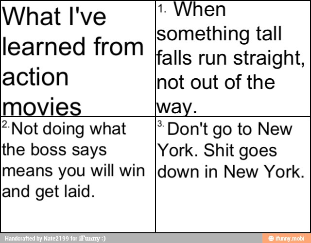 something tall
eamed WoM
kans run straight,
action not out of the
movies way.
2 Not doing what [Don't go to New
the boss says York. Shit goes
means you will win [down in New York.
and get laid.