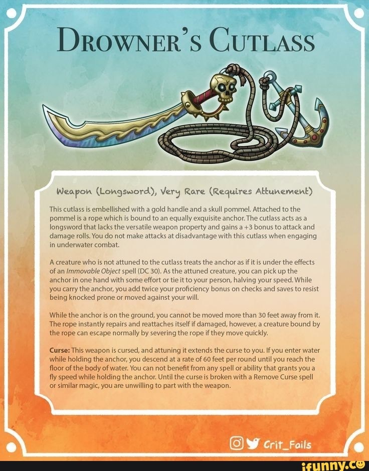Drowner's CUTLASS Weapon (Longsword), Very Rare (Requires Attunement