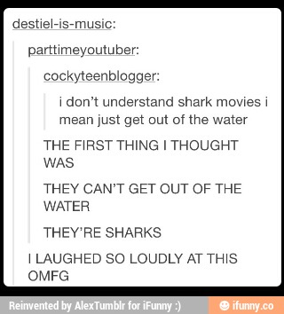 \don" understand shark muvwesw
mean Just get um of the water
THE HRST THING I THOUGHT
THEY CAN'T GET OUT OF THE
WATER
THEY RE SHARKS
\LAUGHED SO LOUDLY AT THIS
OMFG
