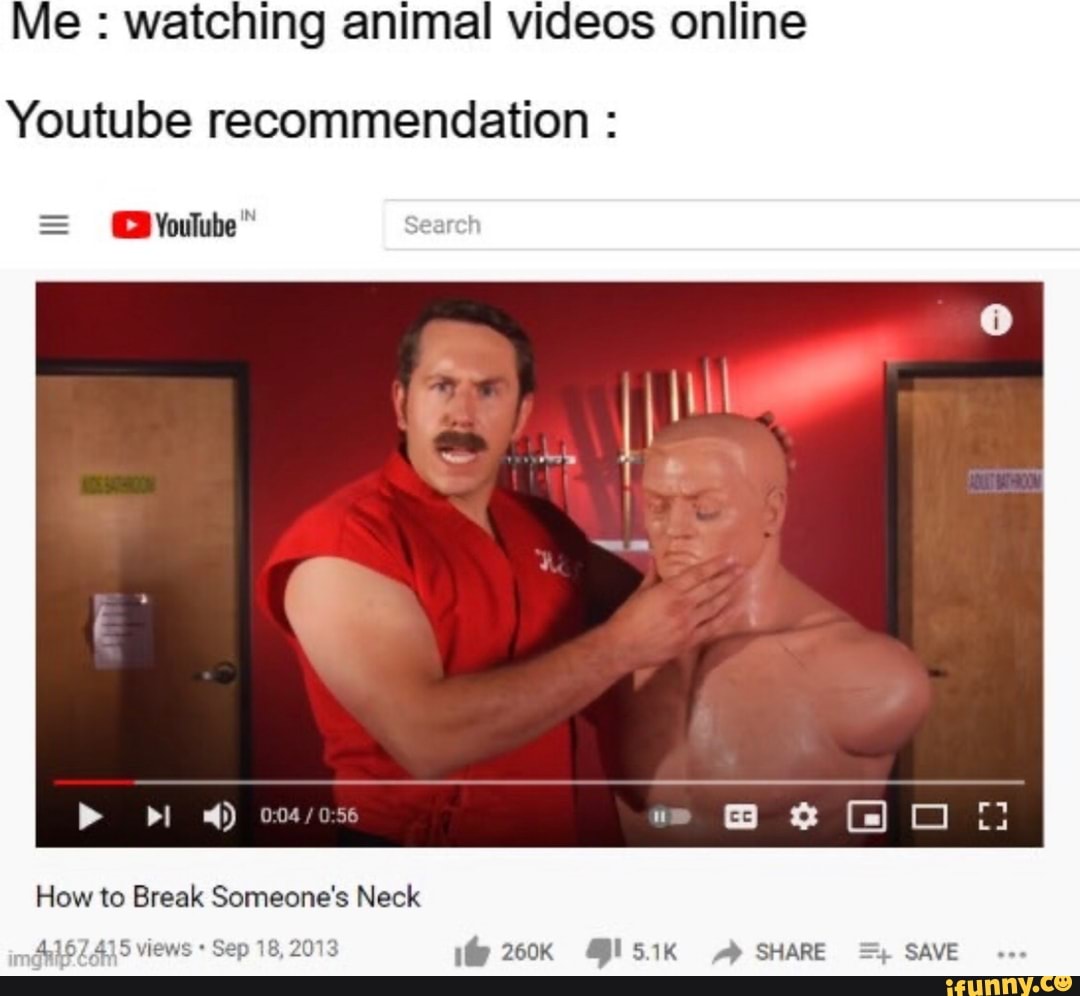 Me : watching animal videos online
Youtube recommendation :
How to Break Someone's Neck
260K SHARE SAVE
