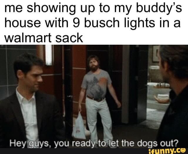 me showing up to my buddy's
house with 9 busch lights in a walmart sack
Hey quys. you ready to let the dogs out?