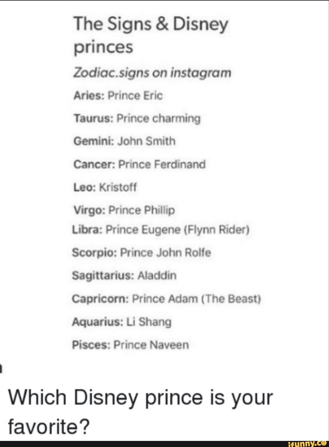 The Signs Disney princes Zodiac.signs on instagram Aries: Prince Eric  Taurus: Prince charming Cancer: Prince