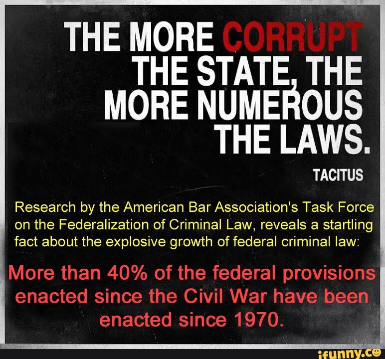 THE MORE
Research by the American Bar Association‘s Task Force
on the Federalization of Criminal Law, reveals a startling
fact about the explosive growth of federal criminal law:
More than 40% of the federal provisions
enacted since the Civil War have been
enacted since 1970.