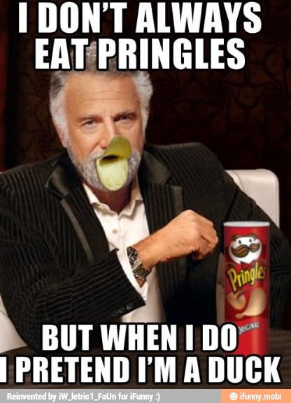 1 DONT ALWAYS
EAT/PRINGLES
Y
BUT WHEN I DO?
I PRETEND I'M A DUCK