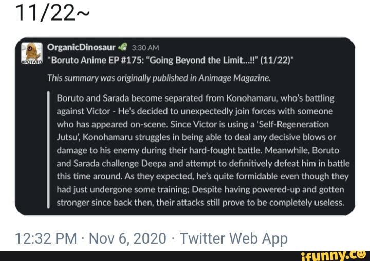 Organicdinosaur Am Boruto Anime Ep 175 Going Beyond The Limit This Summary Was Originally Published In Animage Magazine Boruto And Sarada Become Separated From Konohamaru Who S Battling Against Victor He S