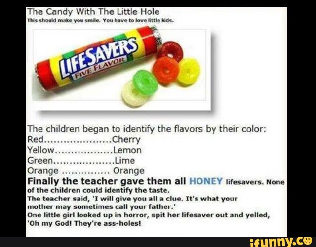 The Candy With The Little Ho‘e
m «mm m.. ,.“ m... m. n... m mmm m
The chddren began (o Identify the flavors by their color:
Red. Cherry
Yeliow,
.
Lemon
Green Lime
Orange
.
Orange
Finally the teacher gave them all HUNFY hreuun. mane
0! me children could mmm, lhe usle
n.. nan." me, ‘I w." 9." you all a (I n'; mm your
mother mzy somellmes can you! lather.
Ono lmle girl looked up m hem", spit hor Mesa": oul and ynlledl