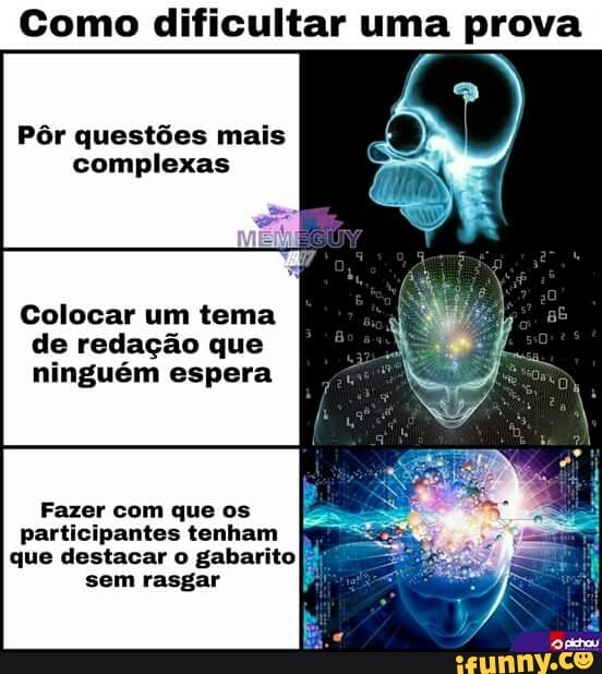 Como dificultar uma prova
Pôr questões mais
complexas
Colocar um tema
de redação que
ninguém espera
Fazer com que os
participantes tenham
que destacar o gabarito I?
sem rasgar