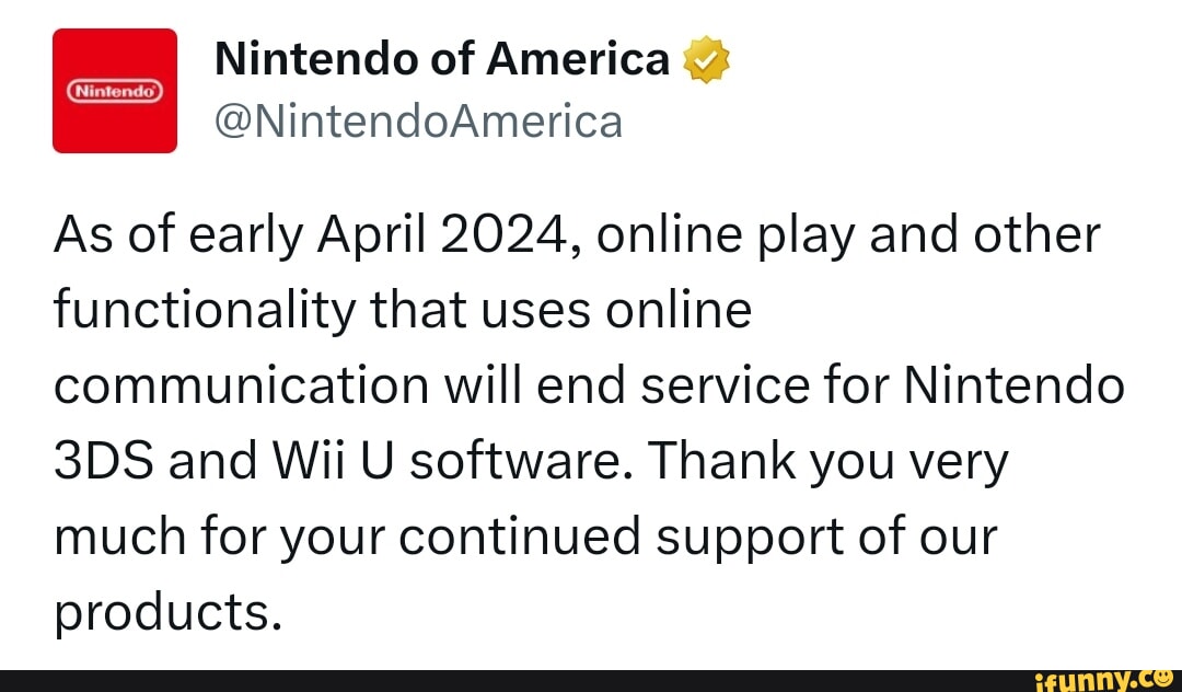 Online services for Nintendo 3DS software and Wii U software ending by  April 2024