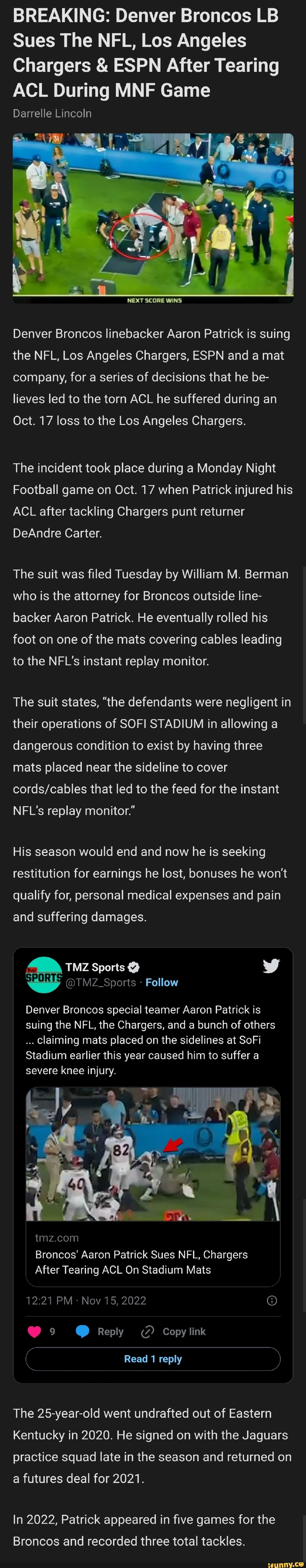 Broncos' Aaron Patrick sues NFL, LA Chargers, SoFi Stadium