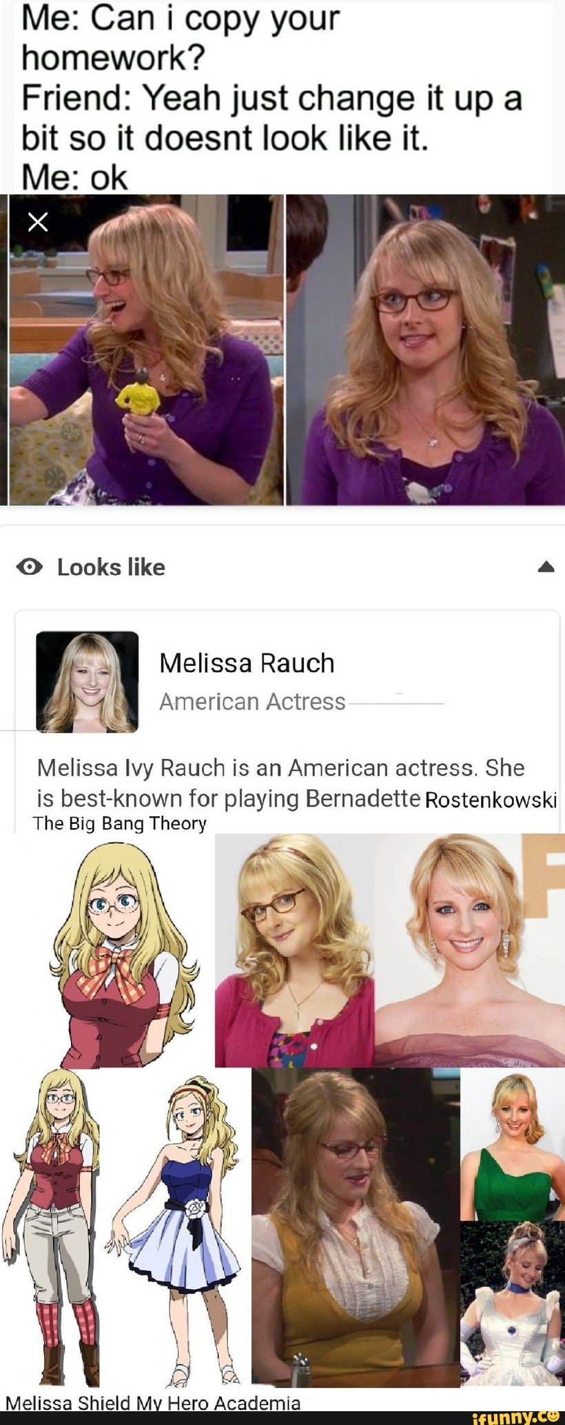 Melissa Rauch Porn Captions - Me: Can i copy your homework? Friend: Yeah just change it up a bit so it