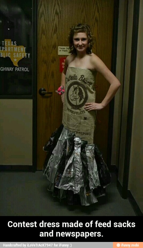 Contest dress made of feed sacks
and newspapers. - Contest dress made of feed sacks and newspapers.