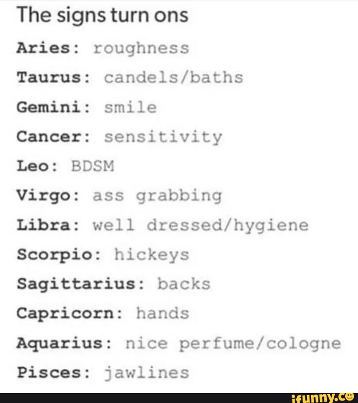 The signs turn ons
Aries: roughness
Taurus: candels/baths
Gemini: smile
Cancer: sensitivity
Leo: BDSM
Virgo: ass grabbing
Libra: well dressed/hygiene
Scorpio: hickeys
Sagittarius: backs
Capricorn: hands
Aquarius: nice perfume/cologne
Pisces: jawlines