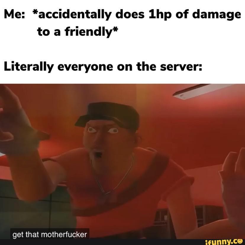 Me: *accidentally does of damage to a friendly*
Literally everyone on the server:
get that motherfucker