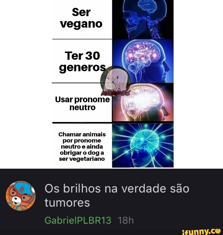 Ser vegano
Ter SO
Usar pronome neutro
Chamar animais por pronome neutro e ainda obrigar o dog a ser vegetariano
Os brilhos na verdade são
tumores
GabrielPLBRI3