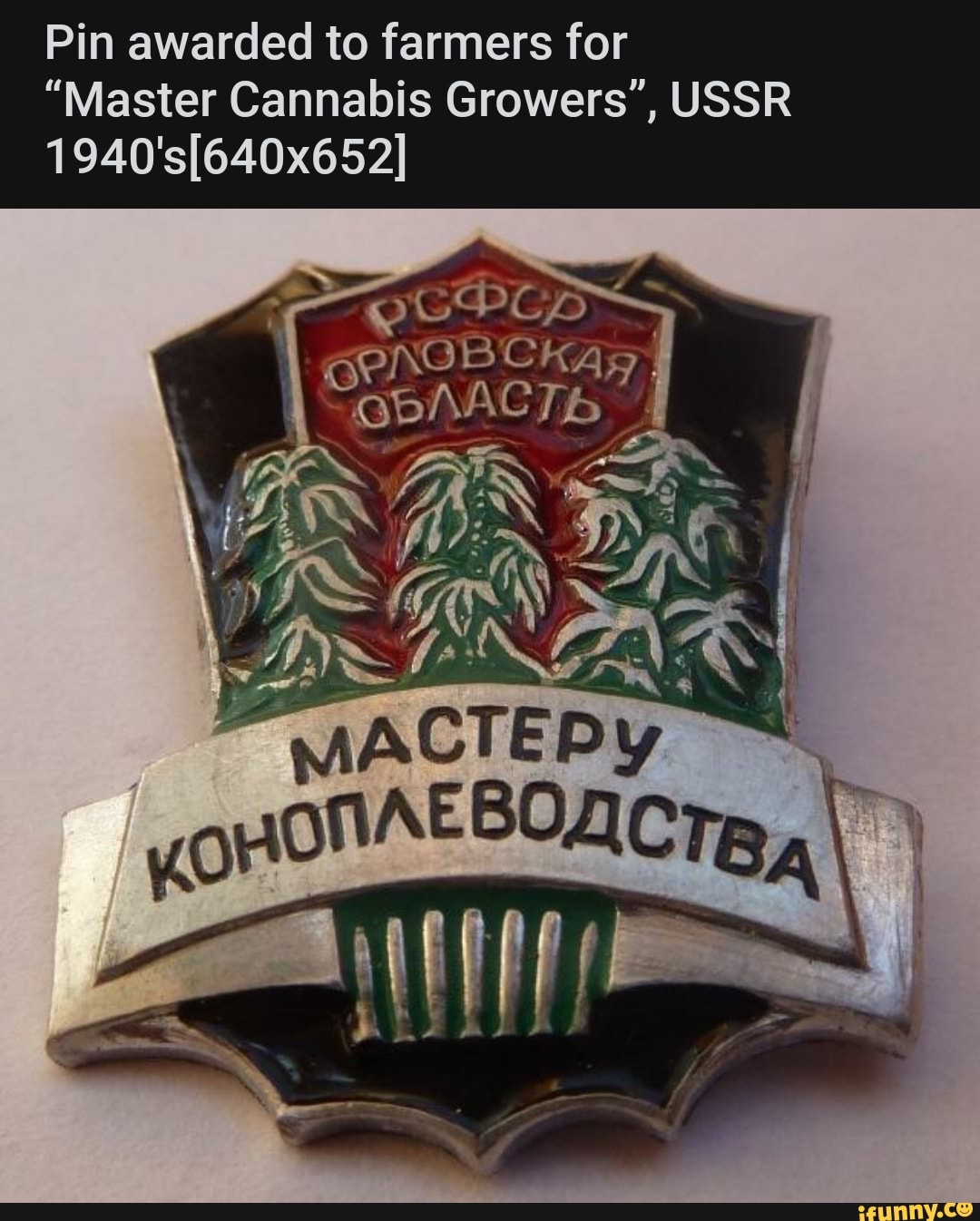 Pin awarded to farmers for
"Master Cannabis Growers", USSR