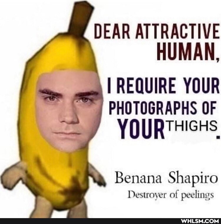 DEAR ATTRACTIVE HUMAN,
REQUIRE YOUR PHOTOGRAPHS OF YQURTHIGHS
Benana Shapiro
Destroyer of peelings