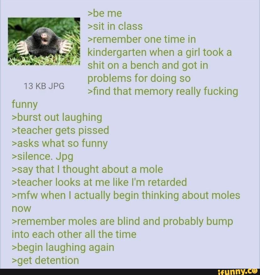 >be me
>sit in class
>remember one time in kindergarten when a girl took a shit on a bench and got in problems for doing so
>find that memory really fucking
13 KB JPG
funny
>burst out laughing
>teacher gets pissed
>asks what so funny
>silence. Jpg
>say that I thought about a mole
>teacher looks at me like I'm retarded
>mfw when I actually begin thinking about moles now
>remember moles are blind and probably bump into each other all the time
>begin laughing again
sneat datantinn