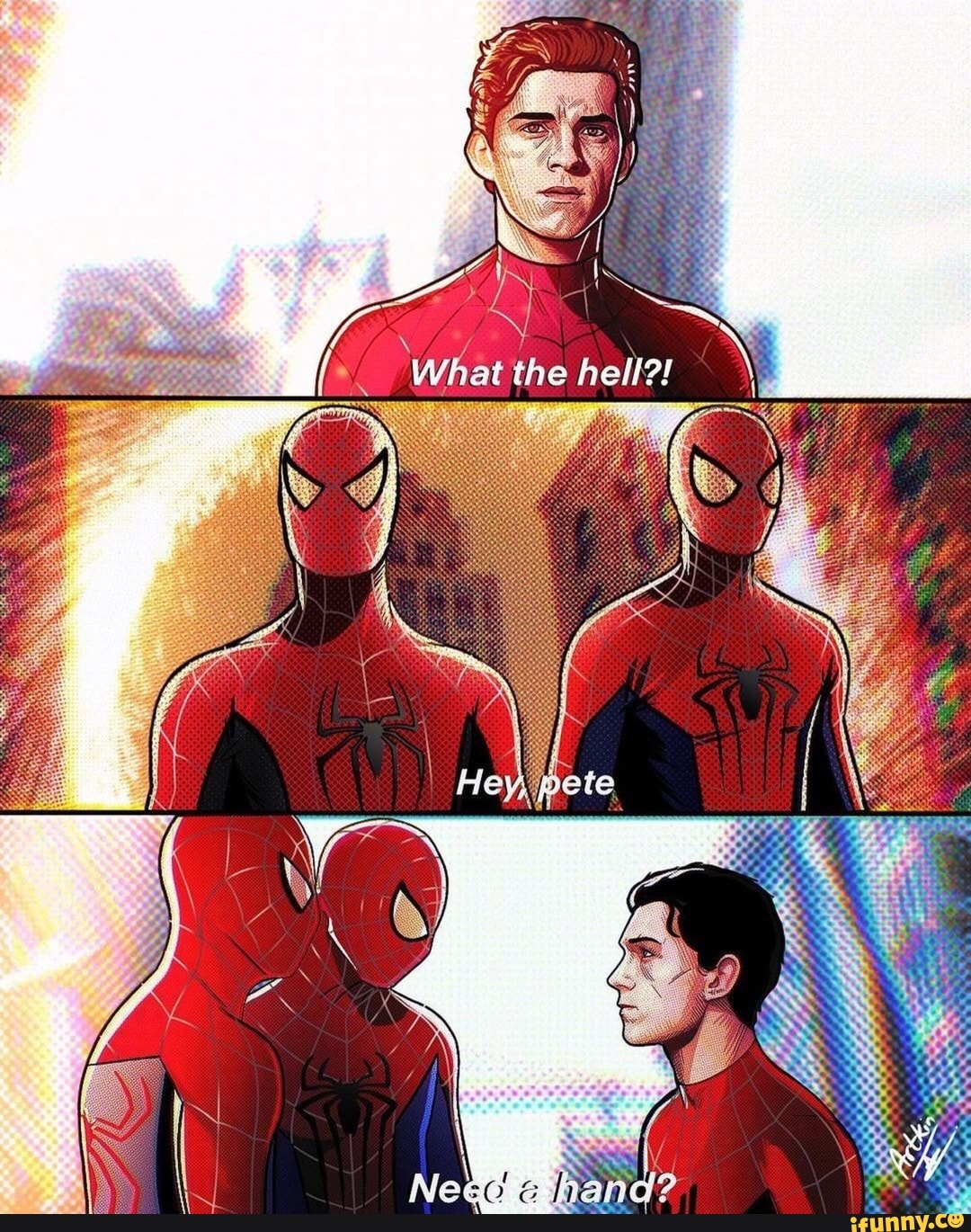 marvel, spiderman, intothespiderverse, tomholland, andrewgarfield, tobeymaguire, mcu, needahand, peterparker