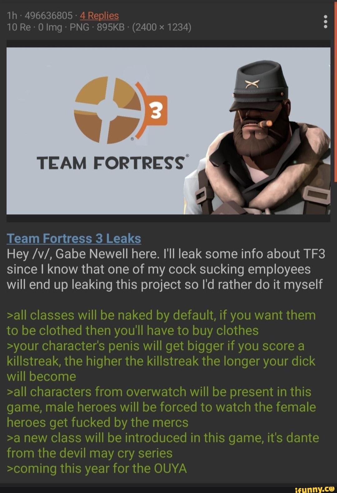 1h 496636805 4 Replies (2400 x 1234) TEAM FORTRESS Team Fortress 3 Leaks  Hey v, Gabe