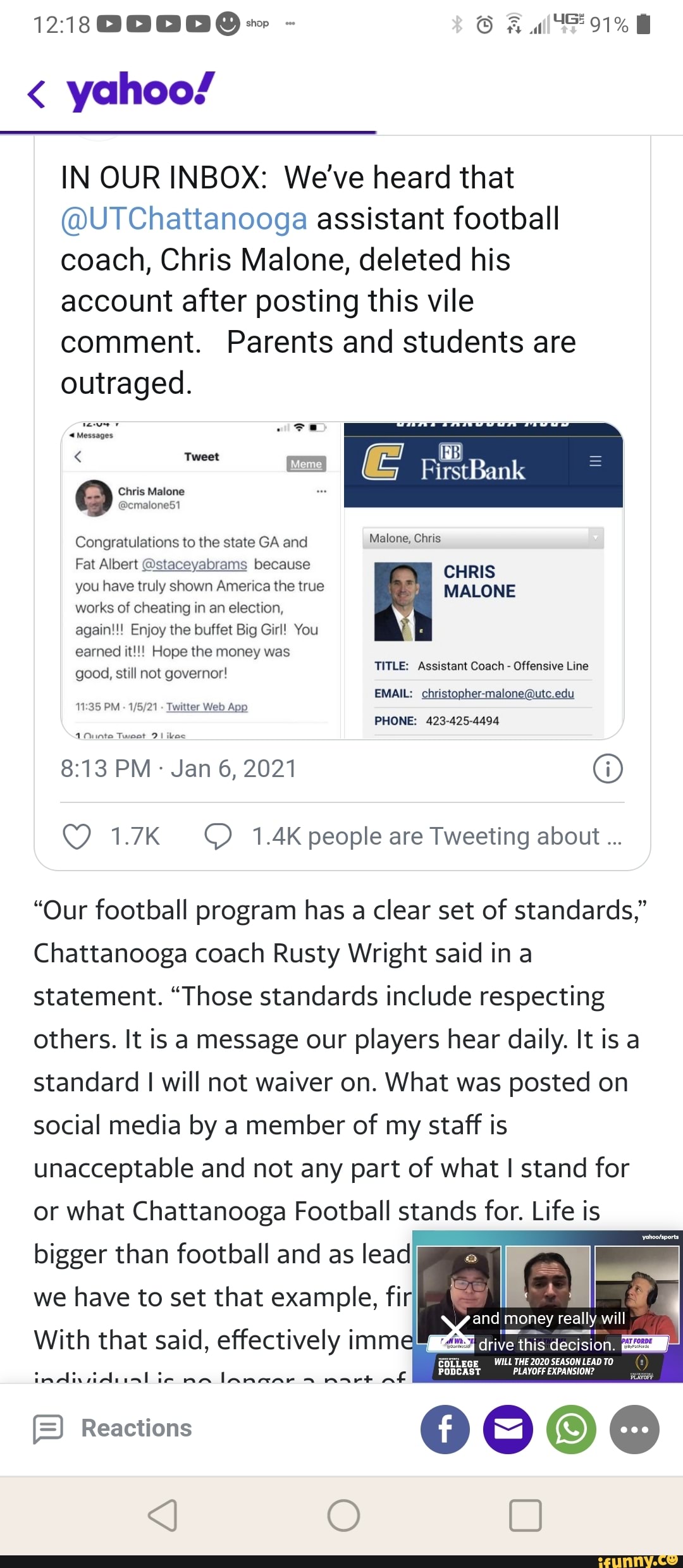 Yahoo In Our Inbox We Ve Heard That Ut Chattanooga Assistant Football Coach Chris Malone Deleted His Account After Posting This Vile Comment Parents And Students Are Outraged Messages Tweet E