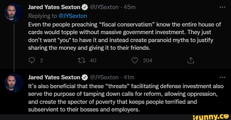 Jared Yates Sexton @ @)YSexton - Replying to @JYSexton Even the people ...