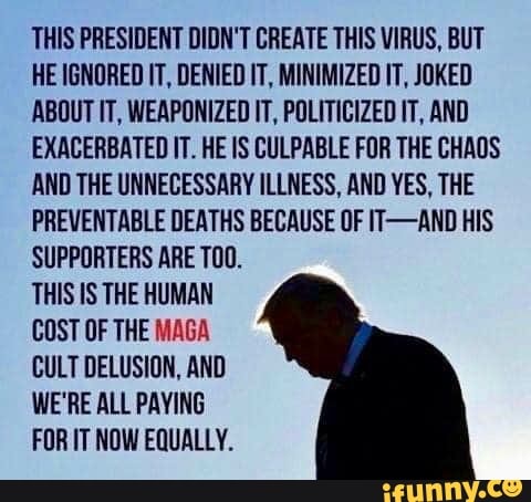 THIS PRESIDENT DIDN'T CREATE THIS VIRUS, BUT
HE IGNORED IT, DENIED IT, MINIMIZED IT, JOKED
ABOUT IT, WEAPONIZED IT, POLITICIZED IT, AND
EXACERBATED IT. HE IS CULPABLE FOR THE CHAOS
AND THE UNNECESSARY ILLNESS, AND YES, THE
PREVENTABLE DEATHS BECAUSE OF IT-AND HIS
SUPPORTERS ARE TOO.
THIS IS THE HUMAN
COST OF THE MAGA
CULT DELUSION, AND
WE'RE ALL PAYING
FOR IT NOW EQUALLY.