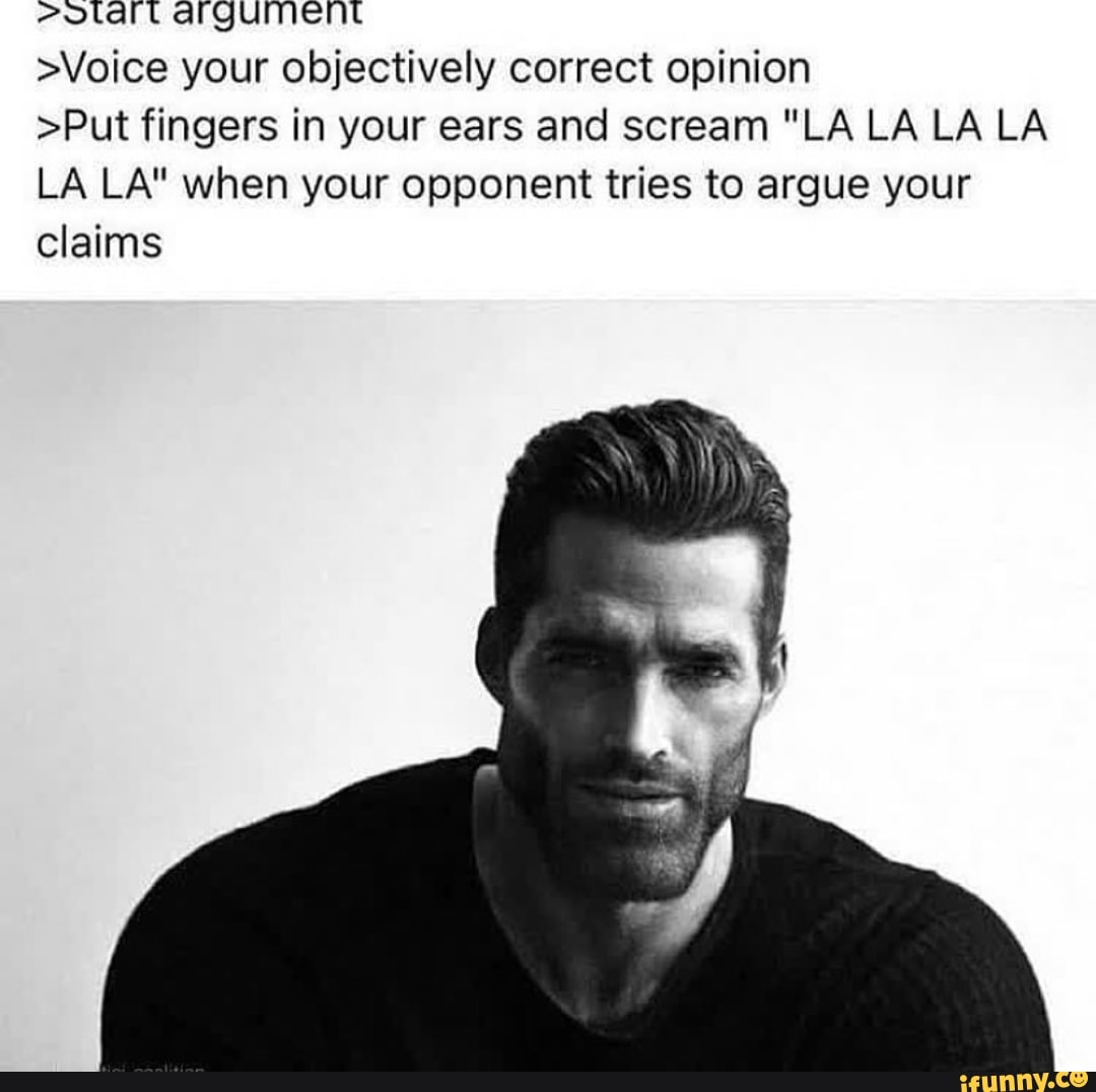argument
Voice your objectively correct opinion
>Put fingers in your ears and scream "LA LA LA LA LA LA" when your opponent tries to argue your claims