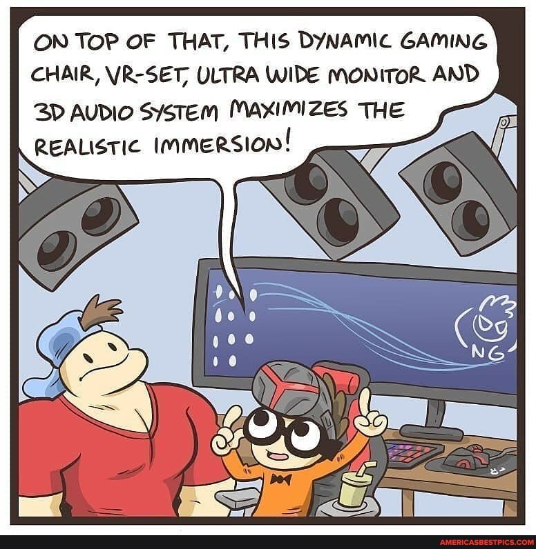 ON TOP OF THAT, THIS DYNAMIC GAMING CHAIR, VR-SET, ULTRA WIDE MONITOR AND AUDIO SysTem MAXIMIZES THE REALISTIC ImmeRsion!