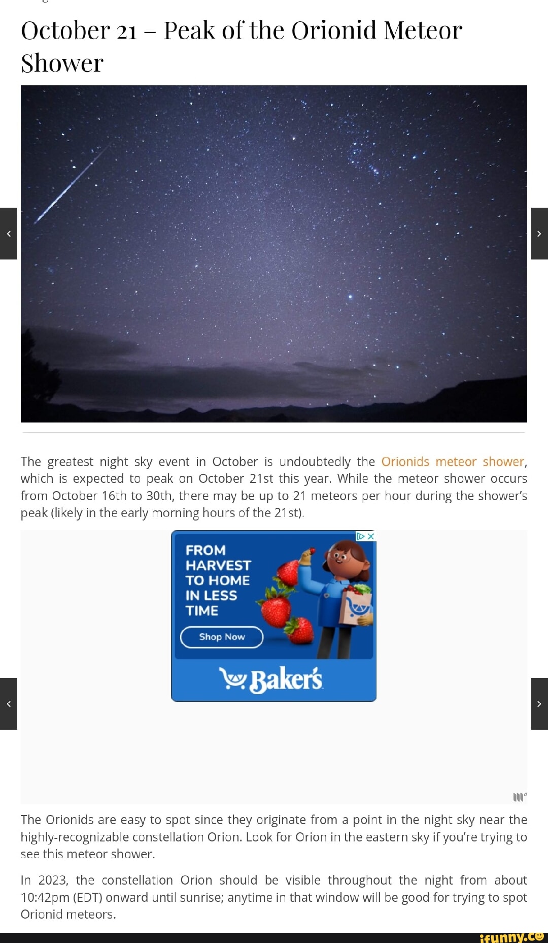 October 21 Peak of the Orionid Meteor Shower The greatest night sky