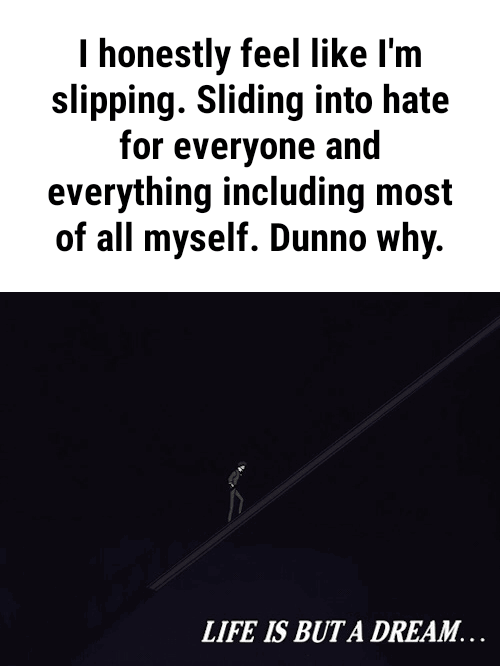 I honestly feel like I'm slipping. Sliding into hate for everyone and