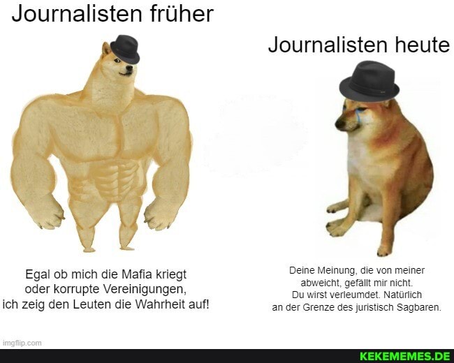 Journalisten früher
Journalisten heute
Egal ob mich die Mafia kriegt Deine Meinung, die von meiner
abweicht, gerällt mir nicht, oder korrupte Vereinigungen, Du wirst verleumdet. Natürlich
ich zeig den Leuten die Wahrheit auf! an der Grenze des juristisch Sagbaren.
