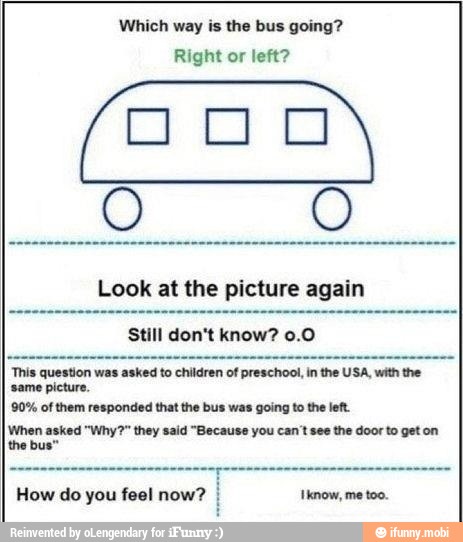 Which way is the bus going?
Right or left?
90% of them responded that the bus was going to the left.
ten seked "Wha?" hey sald "Bocas you can't ee te door to got on