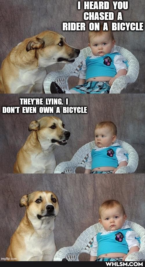 HEARD YOU CHASED A RIDER ON A BICYCLE
THEY'RE LYING. I DONT EVEN OWN A BICYCLE