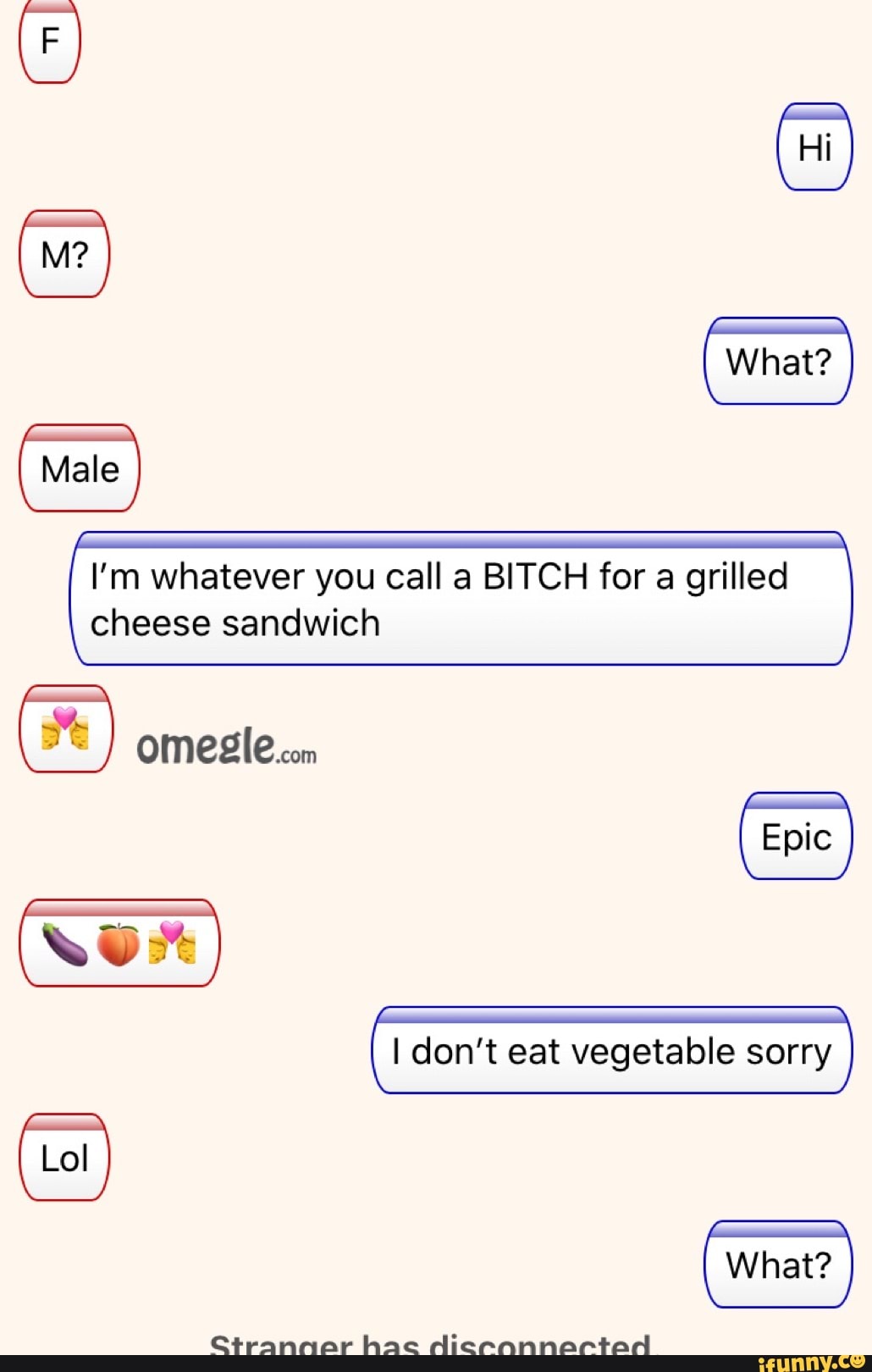I'm whatever you call a BITCH for a grilled
cheese sandwich
I don't eat vegetable sorry